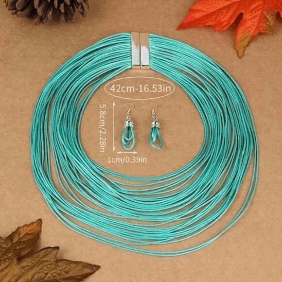Multi-Layer Turquoise Colored Necklace Earring Jewelry Set - Picture 3 of 3